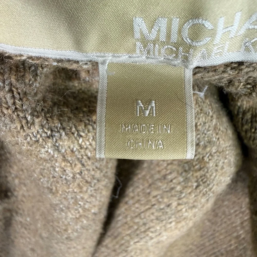 Michael Kors Turtleneck Sweater Womens Medium Camel Brown Ribbed Button Cuff MK